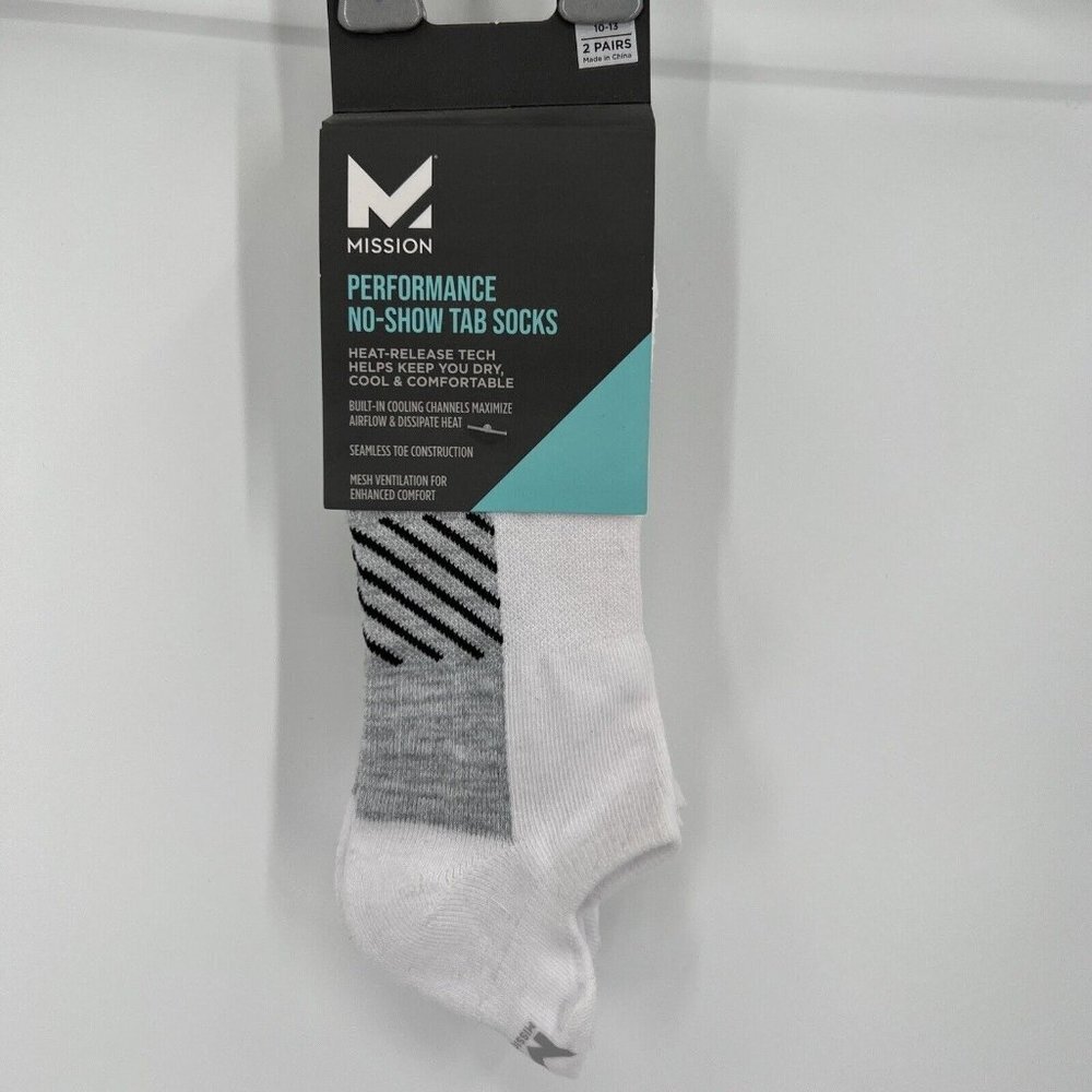 Mission White Performance No-Show Tab Socks sz L Mens 8-12/Womens 10-13 2 Pairs